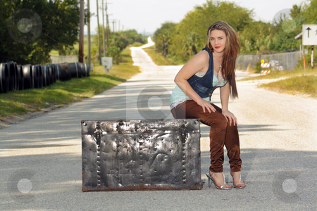 To use this stock image in your creative project, please select the size you need over to the right and click the "Add to Cart" button.
Your downloaded image will come with the Cutcaster watermark removed so don’t worry about the watermark you see on this page. Teen Girl on a Trunk in the Street (4) stock photo, A lovely teenage girl sits fashionably on an antique trunk in the middle of a lonely country road. by Carl Stewart
