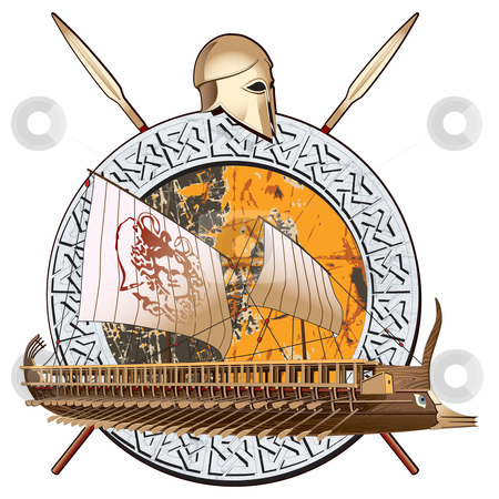 To use this stock image in your creative project, please select the size you need over to the right and click the "Add to Cart" button.
Your downloaded image will come with the Cutcaster watermark removed so don’t worry about the watermark you see on this page. Ancient War stock photo, round vignette with ancient ship on a grunge background in stone framing and two spears with greece helmet by busja