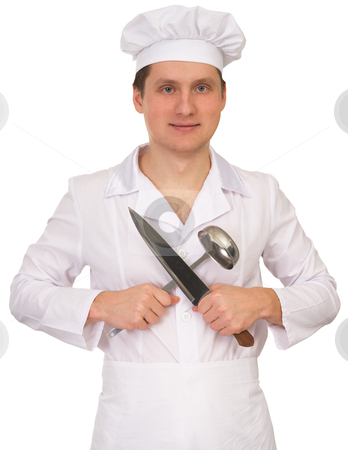 To use this stock image in your creative project, please select the size you need over to the right and click the "Add to Cart" button.
Your downloaded image will come with the Cutcaster watermark removed so don’t worry about the watermark you see on this page. Cook with the knife and the ladle stock photo, Cook in white overallon with the knife and the ladle on a white background by Alexey Romanov