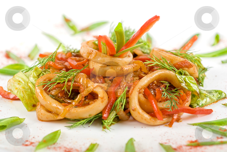 To use this stock image in your creative project, please select the size you need over to the right and click the "Add to Cart" button.
Your downloaded image will come with the Cutcaster watermark removed so don’t worry about the watermark you see on this page. Seafood salad stock photo, Seafood salad with squid and vegetables closeup by olinchuk