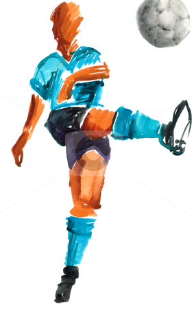 To use this stock image in your creative project, please select the size you need over to the right and click the "Add to Cart" button.
Your downloaded image will come with the Cutcaster watermark removed so don’t worry about the watermark you see on this page. Watercolor painted soccer player stock photo, Shooting soccer player wearing a blue ligth t-shirt. Watercolor painted hand made drawing over white background. by Cienpies Design