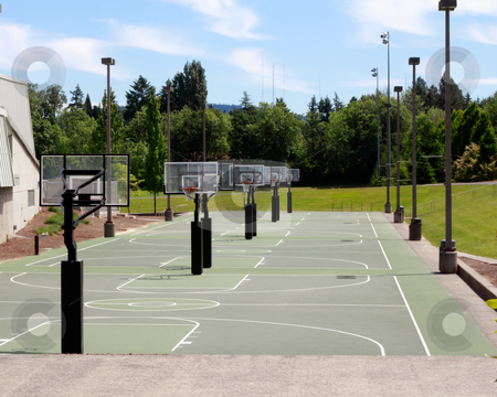 To use this stock image in your creative project, please select the size you need over to the right and click the "Add to Cart" button.
Your downloaded image will come with the Cutcaster watermark removed so don’t worry about the watermark you see on this page. Time to Play stock photo, Many green floor basketball courts all together outdoors with partly coudy sunny sky landscape in summer. by Lee Serenethos