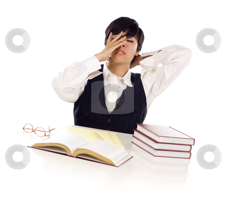 To use this stock image in your creative project, please select the size you need over to the right and click the "Add to Cart" button.
Your downloaded image will come with the Cutcaster watermark removed so don’t worry about the watermark you see on this page. Frustrated Mixed Race Young Adult Female Student At Table stock photo, Frustrated Mixed Race Young Adult Female Student At White Table with Books and Paper Isolated on a White Background. by Andy Dean