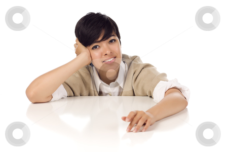 To use this stock image in your creative project, please select the size you need over to the right and click the "Add to Cart" button.
Your downloaded image will come with the Cutcaster watermark removed so don’t worry about the watermark you see on this page. Smiling Mixed Race Young Adult Female Sitting at White Table stock photo, Smiling Mixed Race Young Adult Female Sitting at White Table Isolated on a White Background. by Andy Dean