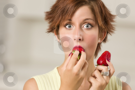 To use this stock image in your creative project, please select the size you need over to the right and click the "Add to Cart" button.
Your downloaded image will come with the Cutcaster watermark removed so don’t worry about the watermark you see on this page. Pretty Wide-eyed Red Haired Woman Biting Strawberry stock photo, Pretty Wide-eyed Red Haired Woman Biting Strawberry in Her Kitchen. by Andy Dean