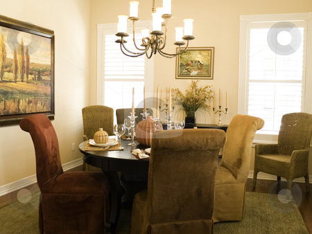 To use this stock image in your creative project, please select the size you need over to the right and click the "Add to Cart" button.
Your downloaded image will come with the Cutcaster watermark removed so don’t worry about the watermark you see on this page. Dining room stock photo, Dining room with upolstered chairs by Cora Reed