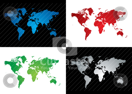 To use this stock image in your creative project, please select the size you need over to the right and click the "Add to Cart" button.
Your downloaded image will come with the Cutcaster watermark removed so don’t worry about the watermark you see on this page. World map variation stock vector clipart, Four colourful map variations two on a black background by Michael Travers