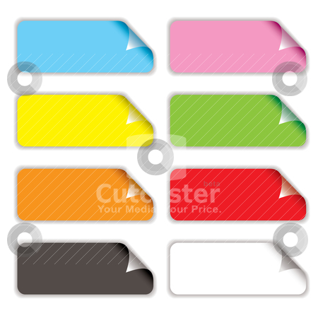 To use this stock image in your creative project, please select the size you need over to the right and click the "Add to Cart" button.
Your downloaded image will come with the Cutcaster watermark removed so don’t worry about the watermark you see on this page. Badge curl shadow stock vector clipart, Collection of eight oblong stickers with page curl in different colours by Michael Travers
