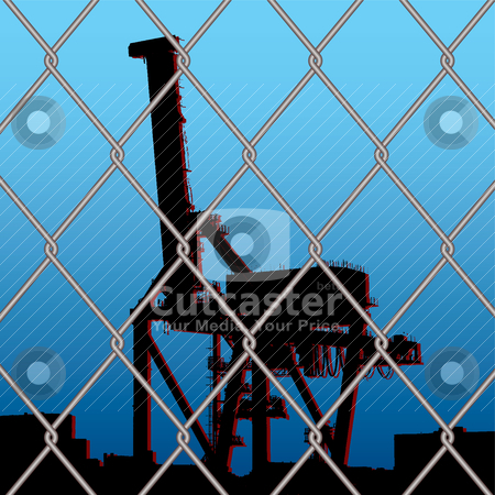 To use this stock image in your creative project, please select the size you need over to the right and click the "Add to Cart" button.
Your downloaded image will come with the Cutcaster watermark removed so don’t worry about the watermark you see on this page. Crane wire fence stock vector clipart, Silhouette crane outline with city skyline with wire fence by Michael Travers