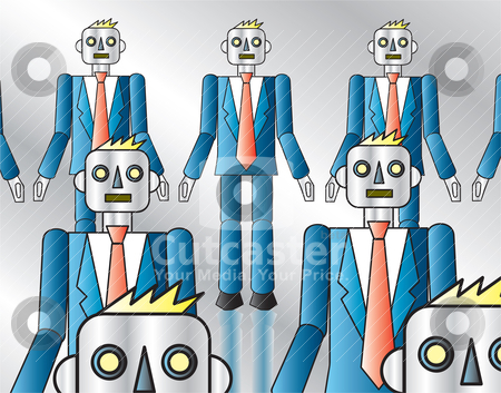 To use this stock image in your creative project, please select the size you need over to the right and click the "Add to Cart" button.
Your downloaded image will come with the Cutcaster watermark removed so don’t worry about the watermark you see on this page. Corporate Robots stock vector clipart, An assembly line of robots dressed in suits. by Jamie Slavy