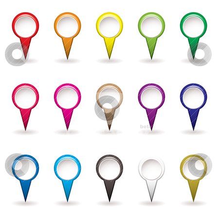 To use this stock image in your creative project, please select the size you need over to the right and click the "Add to Cart" button.
Your downloaded image will come with the Cutcaster watermark removed so don’t worry about the watermark you see on this page. Map pin collection stock vector clipart, Collection of Map pins with rainbow colors and drop shadow by Michael Travers
