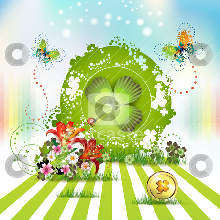 To use this stock image in your creative project, please select the size you need over to the right and click the "Add to Cart" button.
Your downloaded image will come with the Cutcaster watermark removed so don’t worry about the watermark you see on this page. St. Patrick's Day card stock vector clipart, St. Patrick's Day card design with flowers, butterflies and clover by Merlinul