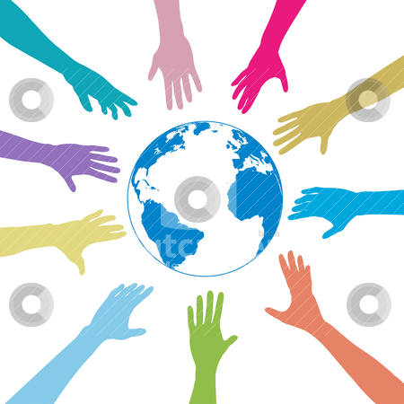 To use this stock image in your creative project, please select the size you need over to the right and click the "Add to Cart" button.
Your downloaded image will come with the Cutcaster watermark removed so don’t worry about the watermark you see on this page. Colors people hands reach out globe earth stock vector clipart, Colorful people hands reach out to a blue globe. by Michael Brown